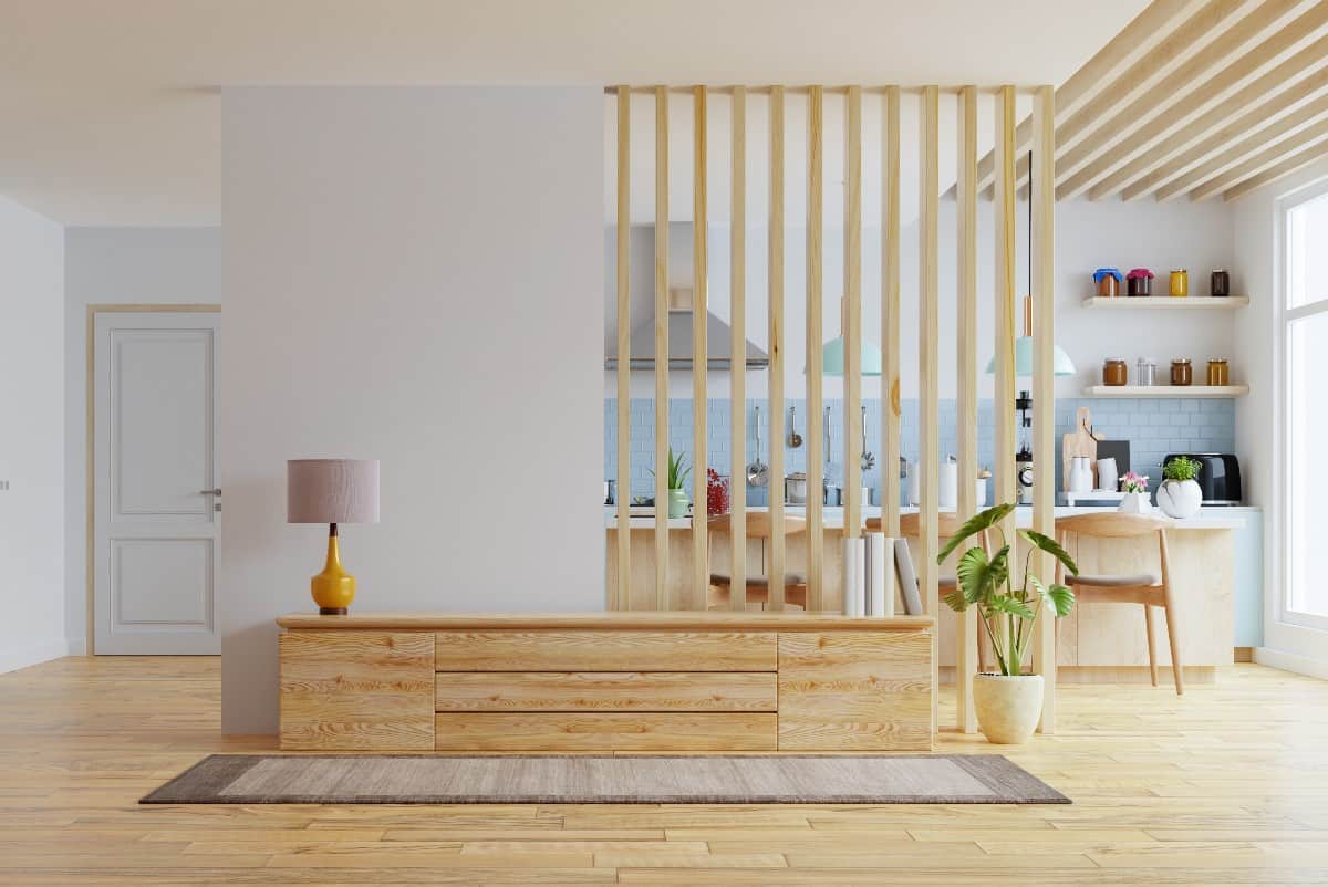 Wooden partition wall, or laths in an open living room